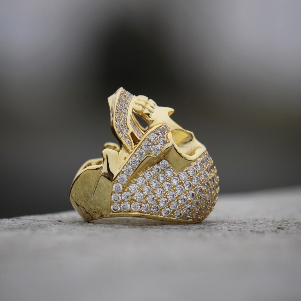 Gold Iced Out Diamond Hip Hop Skull Ring - Picture 4 of 4